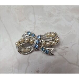 Vintage Silver Tone Blue Rhinestones Faux Pearls Bow Shape Pin Brooch